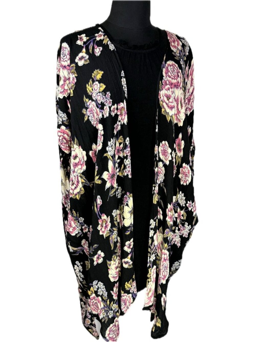 Angie Floral Kimono Duster S/M Black Pink White Rayon Boho Whimsigoth Festival